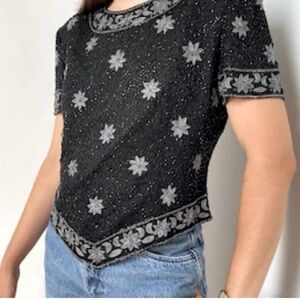 Cote d Azur top Evening SILK Top Blouse Beaded Vintage zs 2X‎